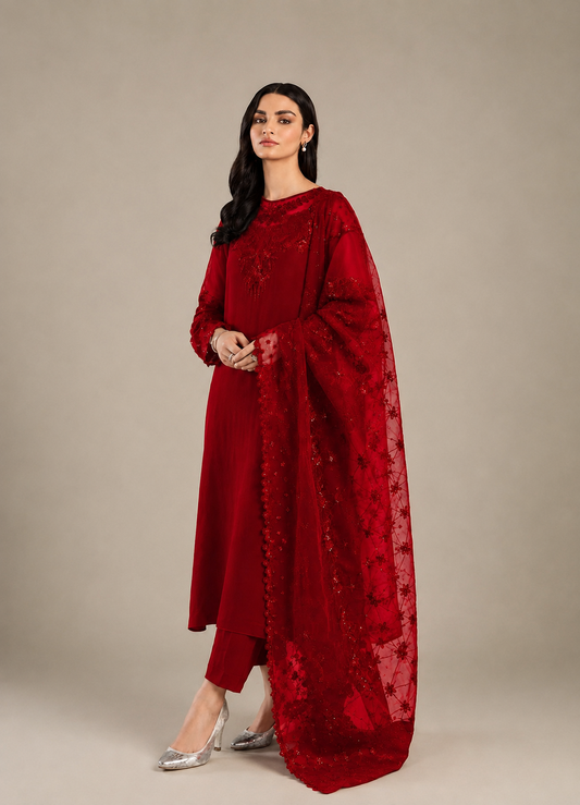 Deep Red Embroidered Wedding Suit