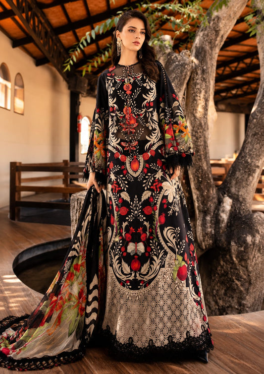 Elegant Black Floral Printed 3-Piece Lawn Suit